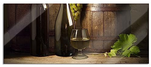 Pixxprint Glasbild Panorama, Wandbild aus Echtglas, Fässer mit Weintrauben und Wein, 100x40 cm, inkl. Aufhängung und Abstandshalter