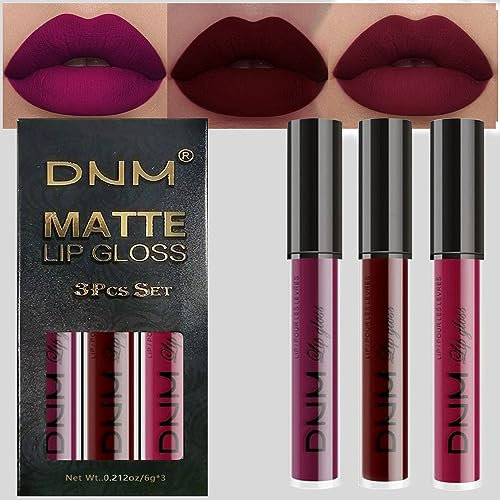 DNM 3Pcs Dark Purple Red Rose pink Matte Liquid Lipstick Sets for Black Women Matte Matt Lipstick Lip Stain Long Lasting Waterproof 24, labial mate larga duracion 24 labiales mate (A-Set11, Pack of 3)