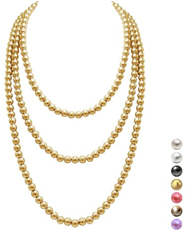 genkigold Lange Perlenkette für Frauen der 1920er Jahre - PARIS - Natürliche Kulturperlen - Luxuriöse 8mm Strangperlen mit Zeitloser Eleganz Länge 150cm(60) - für Jeden Anlass - 18K Gold Sprudelnd