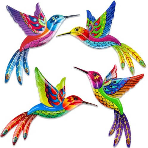 4 Pack Metal Hummingbird Wall Art Outdoor Decor, Giyiprpi 3D Colorful Outdoor Wall Art Fence Decorations for Patio and Yard, Wall Sculpture Hanging Decor for Garden Living Room Balcony
