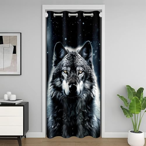 Türvorhang mit Wolf-Motiv, bedruckt, 106,7 x 203,2 cm (B x L), glitzernd, Mond, Sterne, Galaxie, traumhaft, Türvorhang, Privatsphäre für Kinder, Teenager, Erwachsene, abstraktes Aquarell, wilder