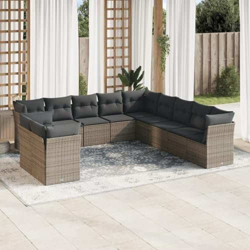 ULUYYUC 11-TLG. Garten-Sofagarnitur, Eckbank Küche Gartenstühle Ecksofa Eckbankgruppe Geeignet für Garten Balkon Außenbereich Hinterhof mit Kissen Grau Poly Rattan