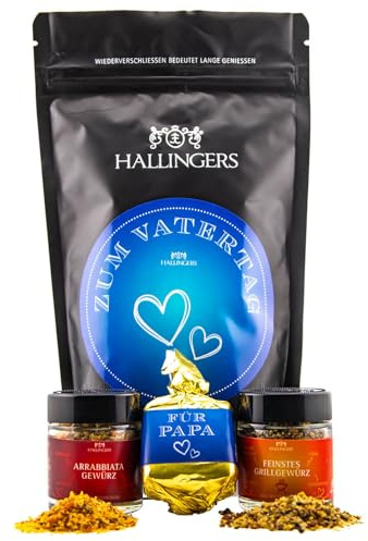 Hallingers Genuss Manufaktur Feinkost Vatertagsgeschenk-Set - wertig in der Wundertüte Zum Vatertag kleines Mitbringsel Nougat-Busserl & Grill-Gewürze im Miniglas, Geschenkidee für Papa Opa