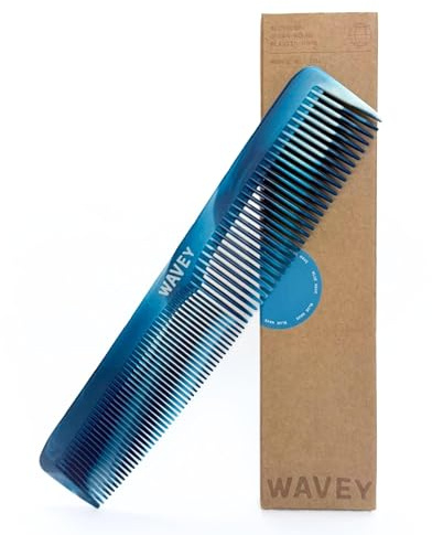 WAVEY Quality Hair Comb for Men and Women, Recycled Ocean Plastic, 7 Inches length perfect for home and travel, Wide and Fine Tooth for thick, thin, wavy, straight and curly hair styling - BLUE