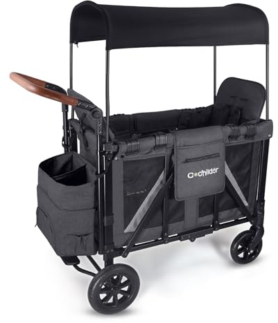 Cochildor Elite - Cochecito de 2 plazas para niños, carrito plegable con asientos y toldo extraíbles, arnés de seguridad de 5 puntos, mango ajustable, gris oscuro