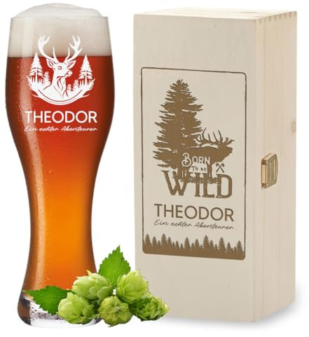 polar-effekt Weizenglas 0,5 L und Holzkiste mit personalisierter Gravur - Spülmaschinenfestes Bierglas mit Namen für Männer - Geschenk zum Geburtstag und Vatertag