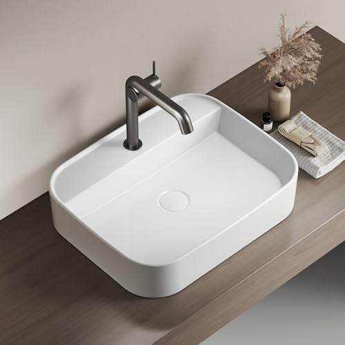 EMKE Vasque à Poser Design 50 x 40 cm, Blanc Brillant | Lavabo de Salle de Bain Rectangulaire en Céramique Artisanale, Cuve de Élégante et Intemporelle (Sans Robinet ni Bonde)