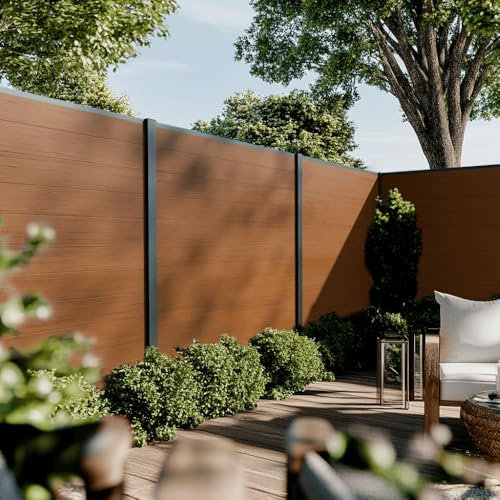 DECKLINEA Kit Clôture Bois Composite Teck 5,5x1,8m CRUZ - Poteaux en Aluminium Gris - Brise Vue - Palissade