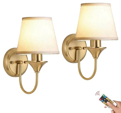 Apliques de Pared Recargables a batería, 2 Piezas, sin Cables, Regulables, con Bombillas y Pantalla de Tela Blanca, lámparas de Pared de latón Dorado para Dormitorio, tocador, Pasillo, Porch