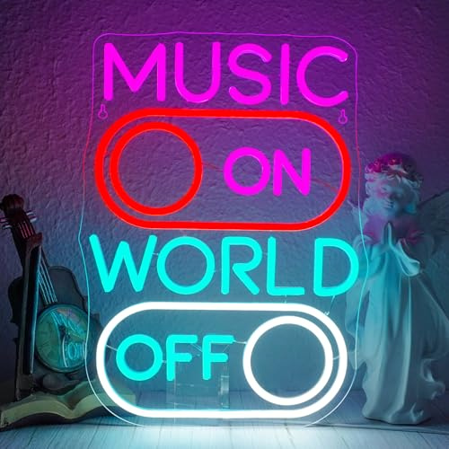 ineonlife Music on, World off Neon Schild, Music World Led Schild Dimmbar für Wand Dekor, Brief Led Schriftzug Zeichen für Bier,Bar,Musik Studio,Nightclub,Schlafzimmer,Party,Geschenk
