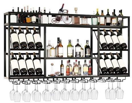 RAJYQODIS Wandmontiertes Weinregal mit Glashalter, 3-stöckiges Weinregal, schwebendes rustikales Metallregal für Spirituosen, für die Hausbar, Weinaufbewahrung in der Küche (Schwarz, 160cm)