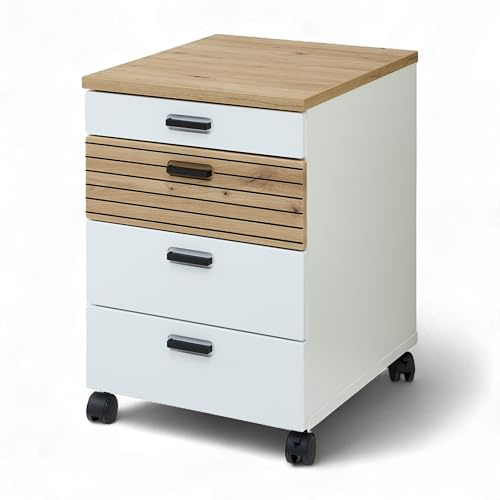 Glenn Rollcontainer Büroschrank Weiß Artisan Eiche 45 x 66 x 55 cm (B/H/T) | Mobiler Beistellschrank für das Büro mit 4 Schubkästen, Lamellenoptik, 4 Rollen und abnehmbarem Sockel