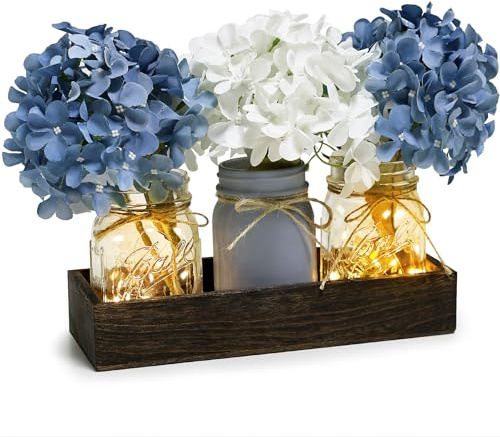 Nagobi Mason Jar Lights Centerpiece Table Decor for Dining Room Farmhouse Coffee Table Decor with Wood Tray Fairy Lights Fake Hydrangea Flowers for Kitchen Living Dining Room - Blue White