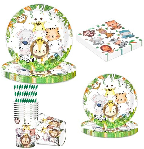 BuyCard Set de vaisselle anniversaire Safari dans la jungle pour 10 personnes, 60 pièces carton Anniversaire d'enfants, assiettes en carton, tasses, serviettes pour anniversaire d'enfants.