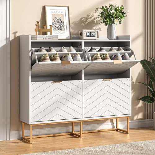 UEV Schuhschrank schmal mit 4 Klappen, 100x24x103,5cm Schuhregal (Weiß) | Schuhkommode Geschlossen mit verstellbaren Trennwände & Kippschutz, Schuhkipper Shoe Cabinet für Flur Eingang Diele Garderobe