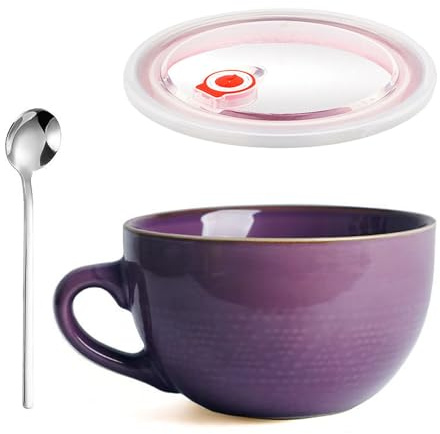 YUNXCNA Taza de Café Grande, 700 ml Taza de Café de Cerámica, Bol Grande de Cereales con Asa, Ensaladera, Reutilizable Bol de Avena Con Tapa y Cuchara, Apto para Avena, Yogur(Morado)