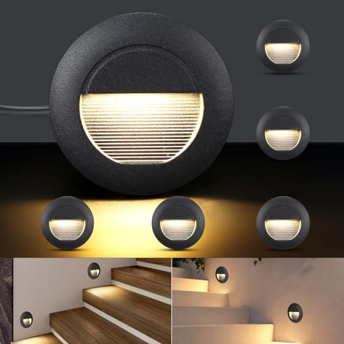 VivaLet 6 Stück LED Treppenbeleuchtung 5W 500LM, Wandbeleuchtung 230V 3000k, IP65 Treppenstufenbeleuchtung Außen, Wandeinbauleuchte Unterputzdose 66mm, 85 x 85mm, Treppenlicht Aluminium Schwarz