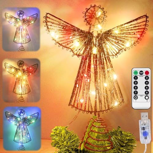 Pointe de sapin de Noël - Ange LED - Décoration de Noël avec fonction minuterie - USB - Pour décorations de sapin de Noël, fête de vacances en intérieur