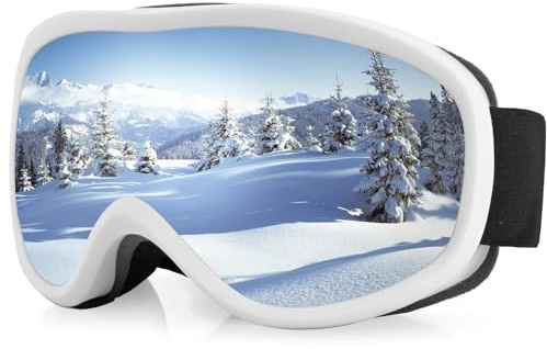 Anbte Masque de Ski OTG, Lunettes de Ski avec Lentilles Argentées - Anti-Buée, Protection UV 100%, Design OTG pour Hommes, Femmes et Jeunes, Compatible Casque Monture blanche avec verres argentés
