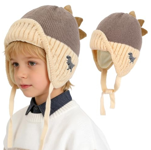 TAGVO Cappello Invernale Bambini Dinosauro a Maglia, Foderato in Pile Caldo con Paraorecchie e Laccetti, Design Cartoon per Ragazzi Ragazze 1–6 Anni