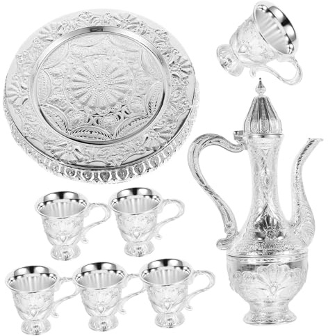 WEKADRIN Vino Vintage con Brocca e Bicchieri in Metallo Argento Set da Tè Multiuso per Casa Hotel e Feste Design Classico Elegante e Decorativo