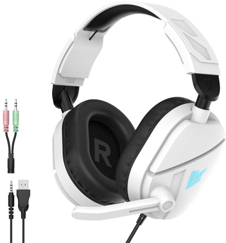 Casque Gaming Filaire pour PS4/PS5/Xbox/PC - Son Immersif 3D & Basses Puissantes, Microphone Réversible pour Mute & Molette Volume sur Oreillette, Coussinets Confort Mémoire, LED RGB, Jack 3.5mm & USB