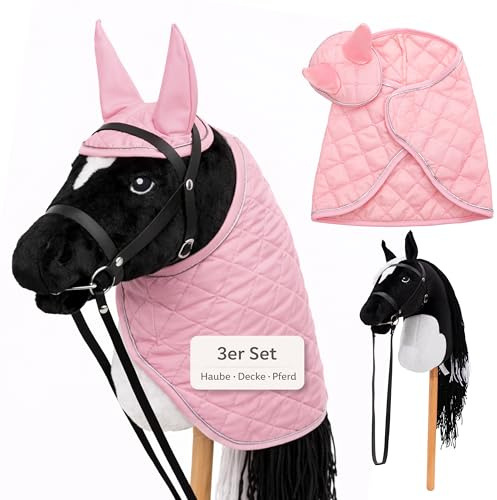 Hoofly Hobby Horse Set – Caballo grande para niños con manta y capucha | Juego completo de caballos Hobby Horsing con brida y varilla de tornillo de 35 cm | Caballo negro – Accesorio rosa
