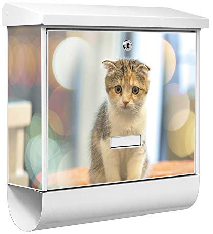 banjado® Burgwächter Briefkasten Weiß 38x39x12cm mit Motiv Kleine Katze/Briefkasten mit Zeitungsfach/Briefkasten mit Zeitungsrolle/Postkasten inkl. Montagematerial & 2 Schlüsseln
