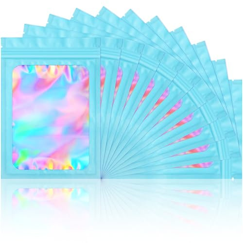 100 sacchetti in Mylar antiodore, richiudibili per imballaggio olografico con finestra trasparente per conservare gli alimenti, per riporre le ciglia e i gioielli elettronici (blu, 2,8 x 4 pollici)