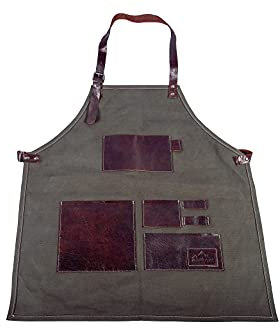 Alpenleder Gartenschürze ROSENSTRAUCH – Canvas Garten Arbeitsschürze – Schürze mit Echt Leder Zubehör-Taschen und Laschen für Damen und Herren (Universalgröße S - XXL, Tannengrün/Marronato)