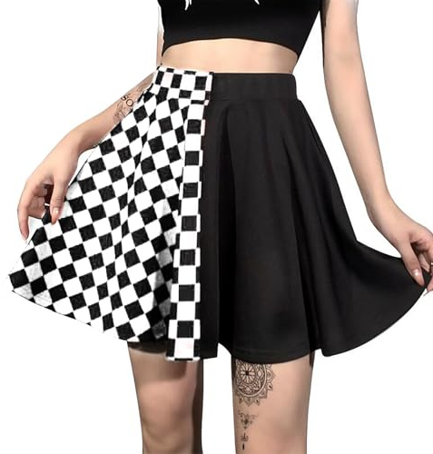Damen Punk Minirock Kariert Patchwork Rock Vintage JK Gothic Stil Hohe Taille Harajuku Grunge Y2K Röcke, kariert schwarz, XL