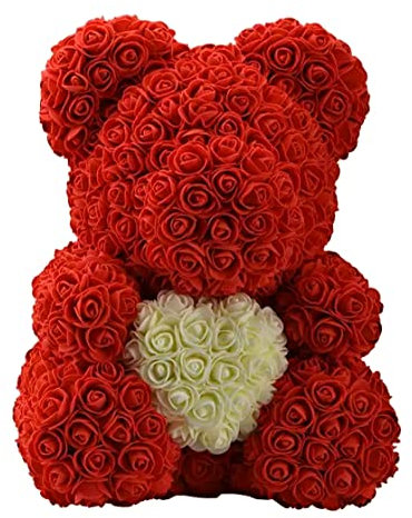 Rosalinda Schaumrosen-Bär in rot/weiß, mit Geschenkbox und Band