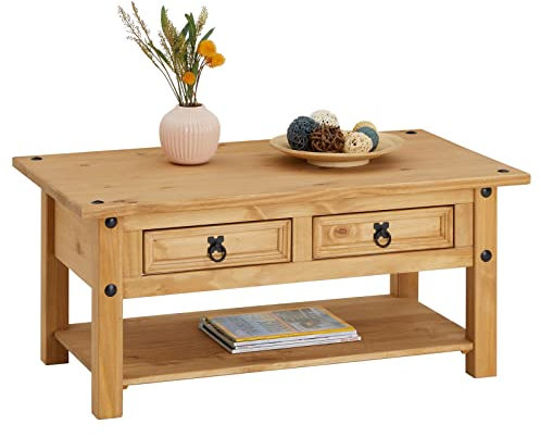CARO-Möbel IDIMEX Couchtisch Salsa, Massivholz Kiefer, Zwei Schubladen und Ablage, Natur