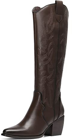 DREAM PAIRS Stivali Donna Cowboy Alti | Ricamo decorativo, tacco cubano 7,1 cm, soletta in lattice, zip laterale, stile western.