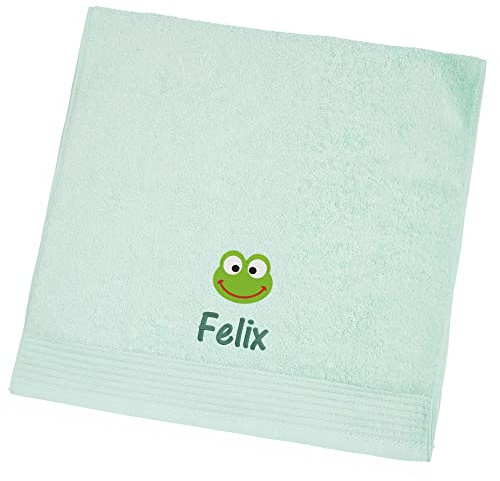 Wolimbo Duschhandtuch Bestickt mit Namen und Motiv - 70x140 cm - Mint - weiches Duschtuch personalisiert - Geschenk
