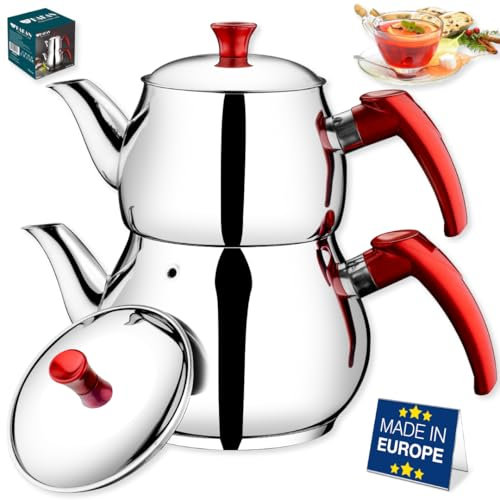 Hakan Juego de tetera de acero inoxidable doble Bondy con autocolador, tetera turca estilo samovar, tetera con asa, tetera para té de hojas sueltas con mango de baquelita (MAXI)