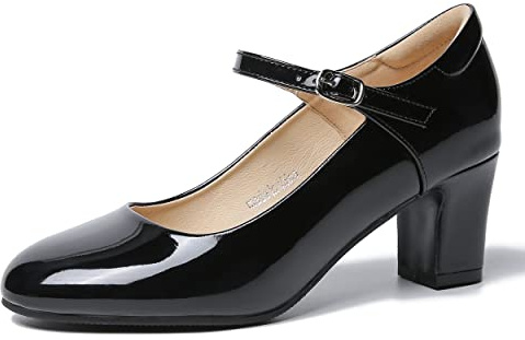 Women's Mary Jane Pumps, Block Heel, Round Toe, Ankle Strap with Buckle, 2.48 Inch Office Church Dress Shoes Patent Black 45 - Insole Length: 27.5cm/10.83 inch - US 11