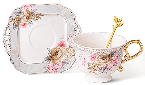 fanquare 200ml Graue Teetasse mit Untertasse Set, Porzellan Kaffeetasse mit Großem Henkel, Quadratische Untertasse mit Goldrand