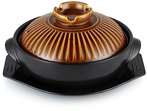 Sanbege Large Korean Ceramic Bowl with Lid and Trivet, 54 oz Sizzling Hot Pot with Double Handles for Cooking and Serving Dolsot Bibimbap, Soup, Rice, Stew, Casserole, Noodle (Retro Copper)
