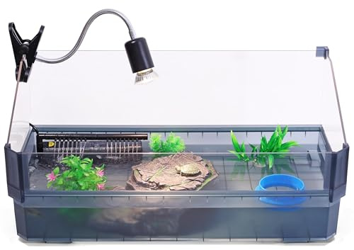Large Turtle Tank Kit for Aquatic Turtles – Complete Starter Habitat with Filter, UVB Lamp, Basking Platform, Plants, Feeding Ring – Turtle Aquarium Kit (Black)