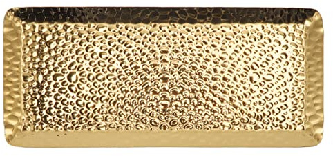 Hammered Rectangular Platter, Centerpieces and Vanity Tray With Padded Bottom Metal Serving Tray With Raised Edges for Bathroom, Decorative Home (Gold)