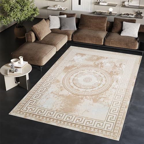 TAPISO Ares Teppich Kurzflor Glänzend Beige Creme Rosette 300 x 400 cm | Bordüre Barock Klassisch 3D Effekt Wohnzimmer Schlafzimmer OEKO-TEX