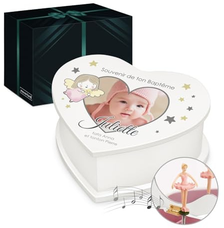 Maverton Boîte à Musique avec votre photo imprimée - Coffret à personnaliser pour fille - Cadeau photo pour elle - Boîte à bijoux avec ballerine pour anniversaire - baptême - photo de baptême