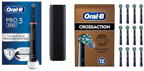 Oral-B Pro 3 Electric Toothbrush Adult, 1 Cross Action Toothbrush Head & Travel Case, 3 Modes with Teeth Whitening+ 12 Black Cross Action Heads, X-Shape and Angled Bristles for Deeper Plaque Removal