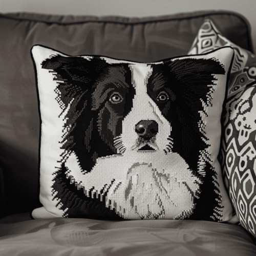 Kits De Crochets De Loquet Border Collie Kits De Coussin De Crochet De Loquet Animal Chien De Compagnie Bricolage Point De Croix Housse De Coussin De Canapé Avec Outil De Crochet De Loquet 43x43cm