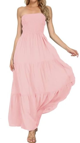 Timathous Damen Off Shoulder Sommerkleid trägerlos Strand Bohemien Maxikleid Lange Röhre Kleid, Rosa 109, XL