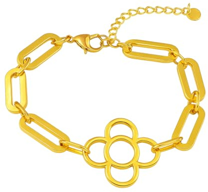 MAJALE - Pulsera Flor de Barcelona en Acero Inoxidable Dorado o Plateado - Pulsera Paperclip para Mujer y Hombre - Joyería de Eslabones Grandes - Hecha en Barcelona