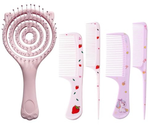 Bmeigo 5pcs Girls Hair Brush and Comb Set Vented Detangling Brush for Kids | Soft Bristles, Hollow Detangler, Large Paddle Hairbrush, for Home Travel, Wet Dry Thick Curly Straight Long Short Hair (Pink)