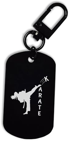 Karate Girl - Llavero de acero grabado para patadas de artes marciales, mosquetón, llavero, Negro, Talla única