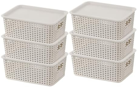 Mangata Premium 6er-Set Aufbewahrungsboxen mit Deckel – Stapelbare Organizer-Boxen aus Kunststoff in Rattan-Optik, Ideal für Büro & Kleiderschrank (Weiß)